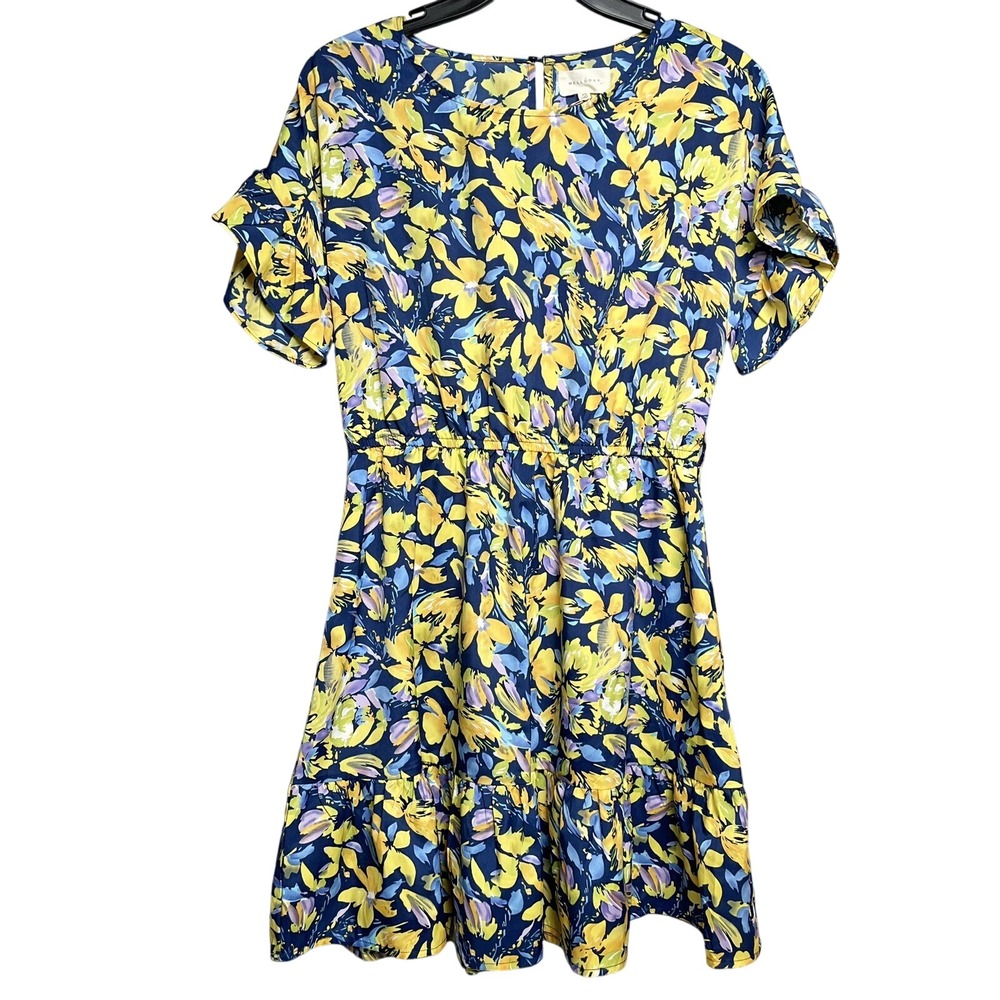 Melloday Floral‎ Print Dress Ruffle Sleeve Navy Blue Yellow XS